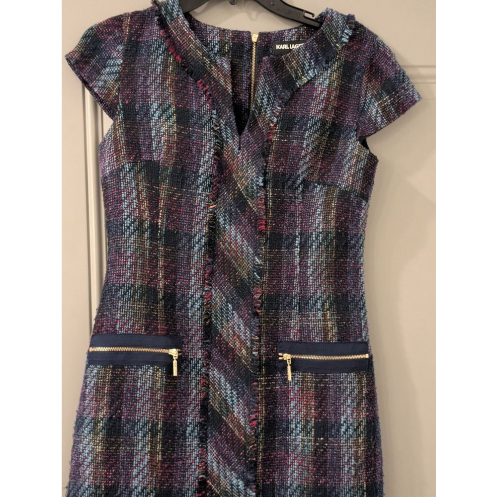 Women's KARL LAGERFELD PARIS Plaid Tweed Dress in Blue and Purple - Picture 2 of 15